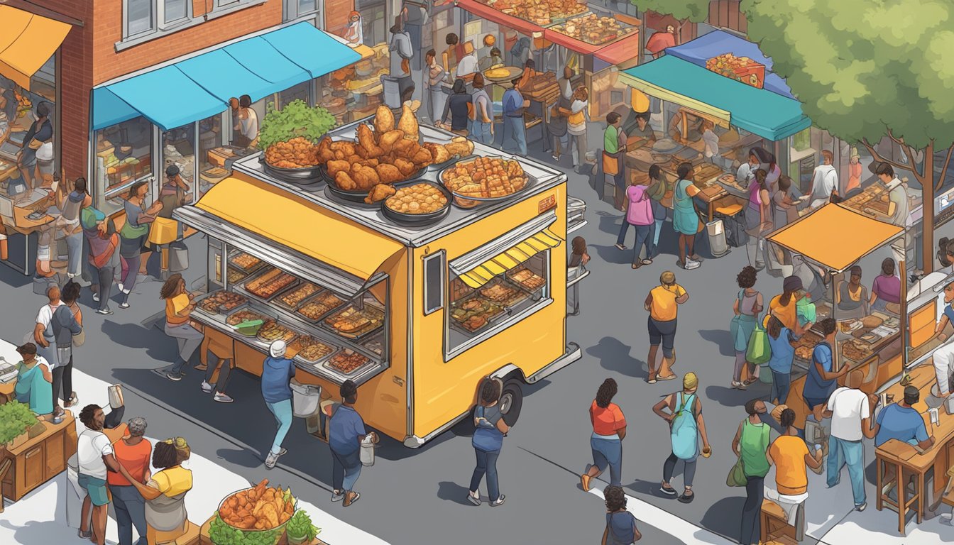 A bustling street lined with colorful food trucks, each serving up steaming hot plates of chicken and waffles to eager customers