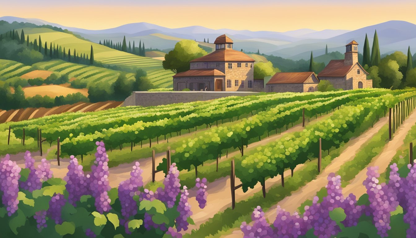 Vineyard with rolling hills, rows of grapevines, and a rustic winery building surrounded by lush greenery and blooming flowers