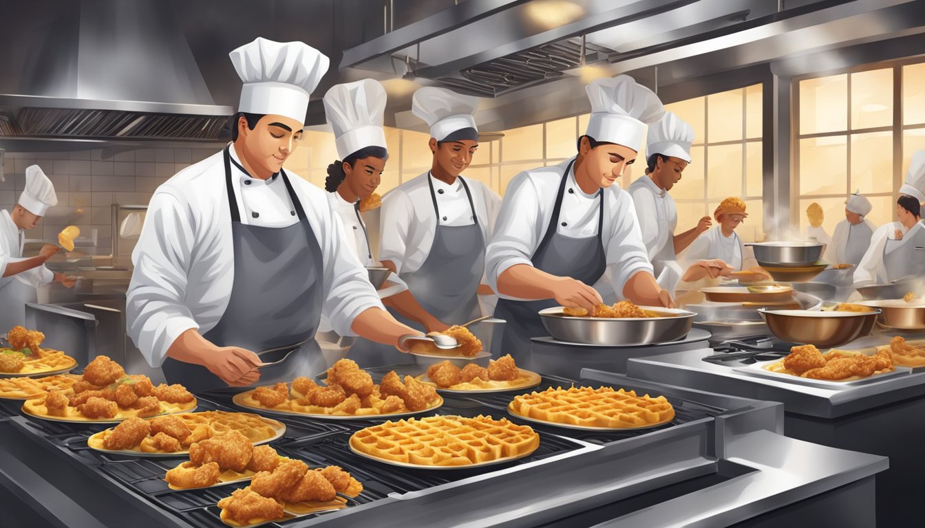 A bustling restaurant kitchen with chefs frying crispy chicken and preparing golden waffles, surrounded by the aroma of sizzling batter and savory spices