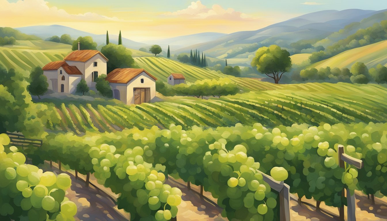 A sunny vineyard with rolling hills, lush grapevines, and a charming winery building nestled among the greenery. The wind gently rustles the leaves and carries the scent of ripe grapes