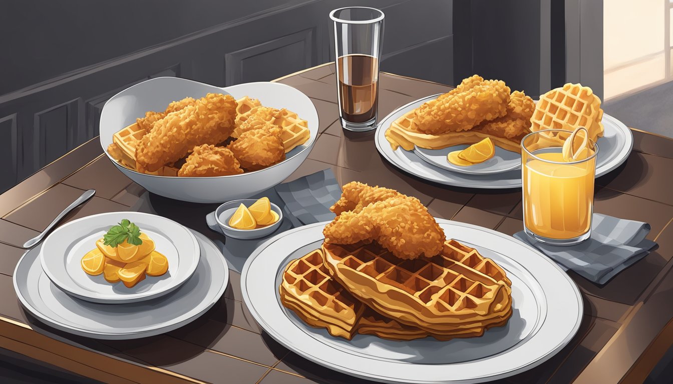 A cozy, upscale restaurant setting with a modern, industrial vibe. A plate of golden, crispy chicken and waffles is elegantly presented on a sleek, minimalist table