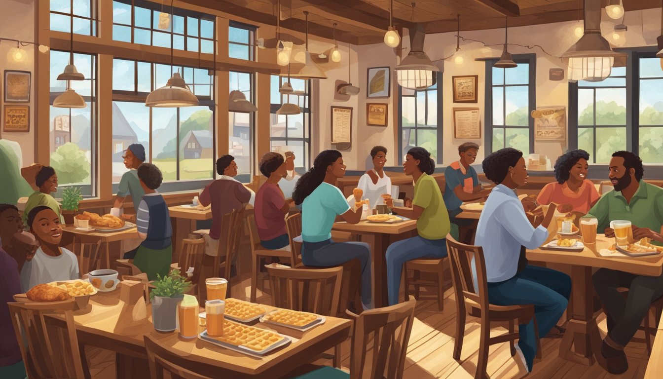 A bustling restaurant with a cozy, rustic interior. Tables are filled with patrons enjoying chicken and waffles. The aroma of freshly cooked food fills the air