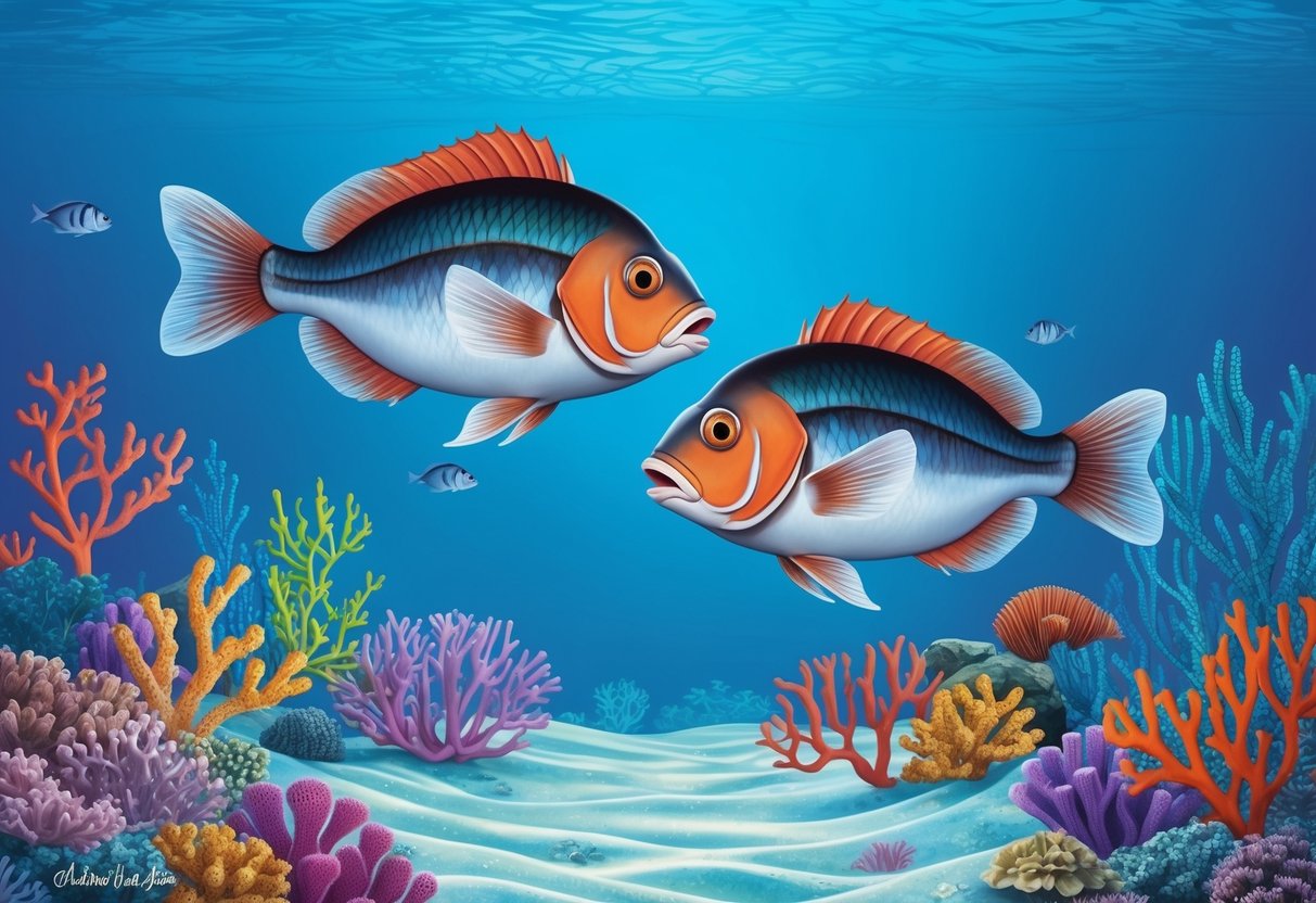 Two fish swimming together in a tranquil, clear blue ocean, surrounded by colorful coral and sea plants