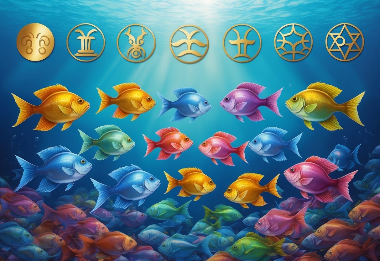 A school of colorful fish swimming harmoniously with different zodiac symbols floating above them