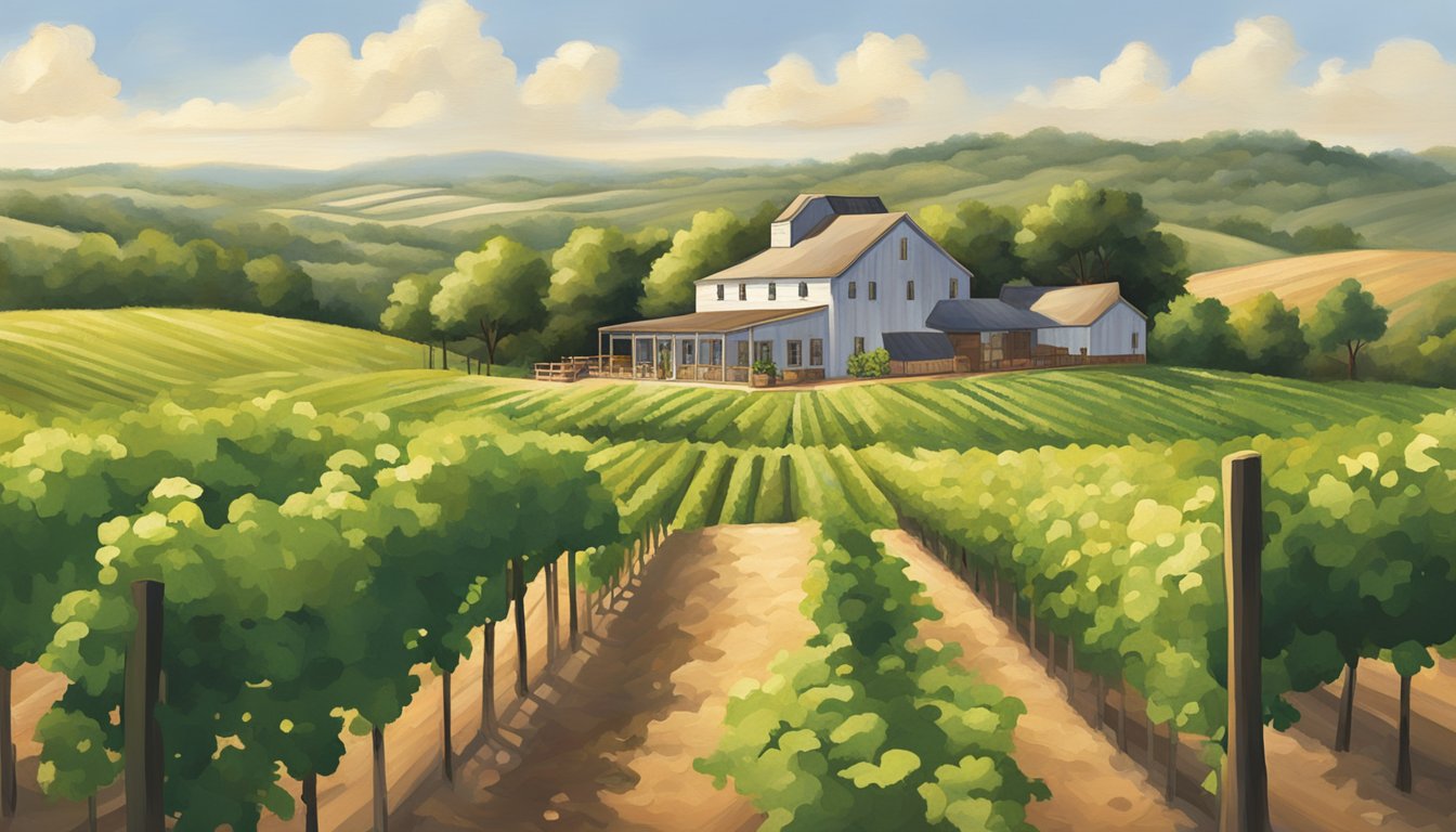 Lush green vineyards stretch across rolling hills, under a bright, sunny sky. A rustic winery and tasting room sits nestled among the vines, inviting visitors to enjoy the summer wine destinations in the Brazos Valley area