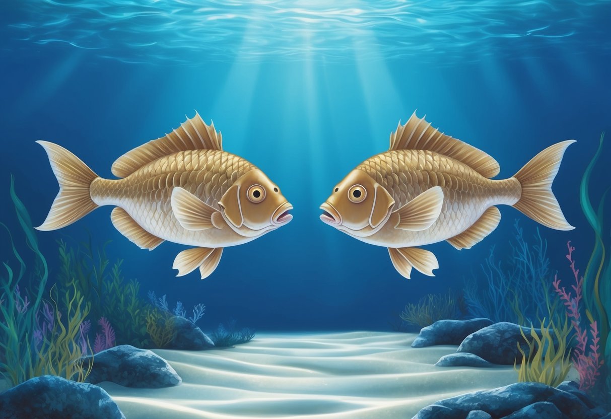 Two fish swimming in opposite directions, surrounded by a serene and peaceful underwater environment