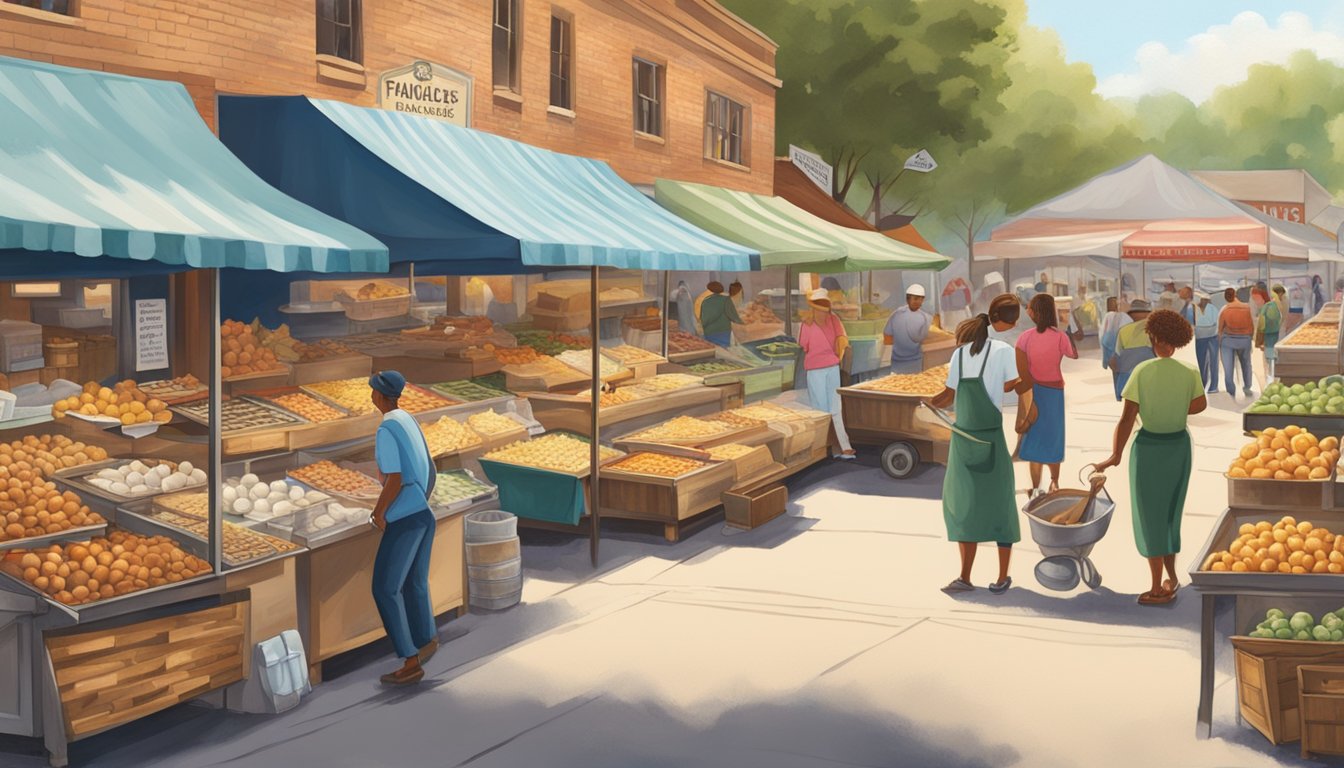 A bustling farmer's market with vendors selling fresh eggs, locally sourced chicken, and homemade waffle mix. The scent of sizzling chicken and sweet syrup fills the air