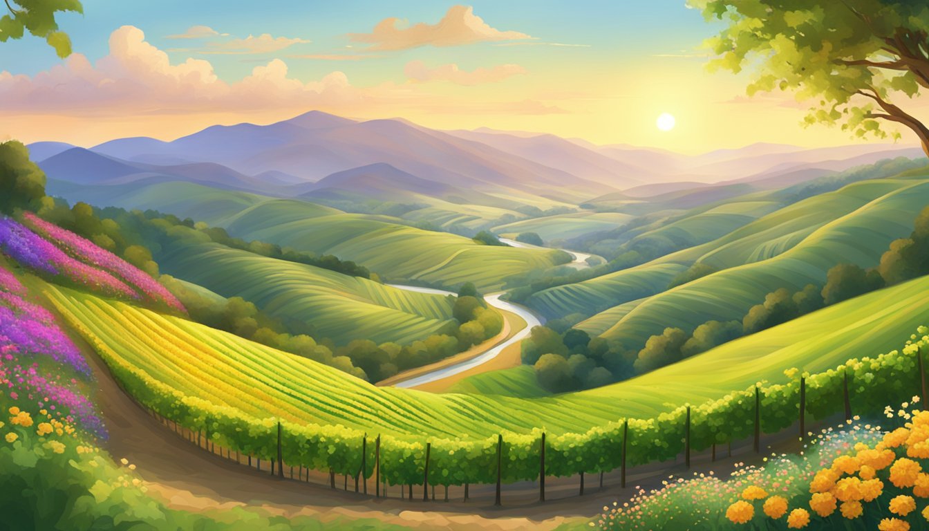 Rolling hills covered in lush vineyards, basking in the warm summer sun. A winding river cuts through the valley, surrounded by vibrant greenery and colorful wildflowers