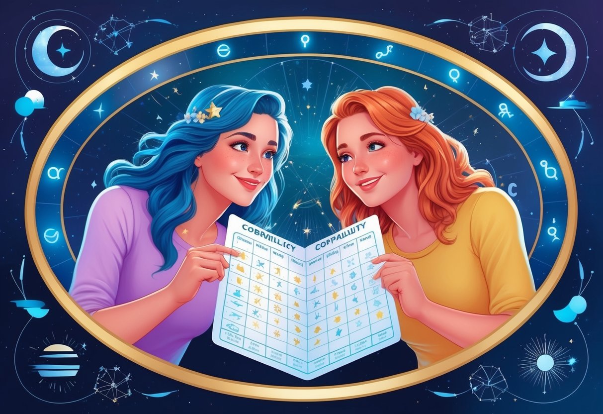 Two Pisces surrounded by celestial symbols, gazing at a compatibility chart with hopeful expressions