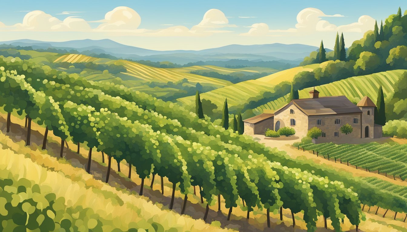 Vineyards nestled among rolling hills, with vibrant green grapevines basking in the warm summer sun. A rustic winery overlooks the picturesque landscape, with a clear blue sky above