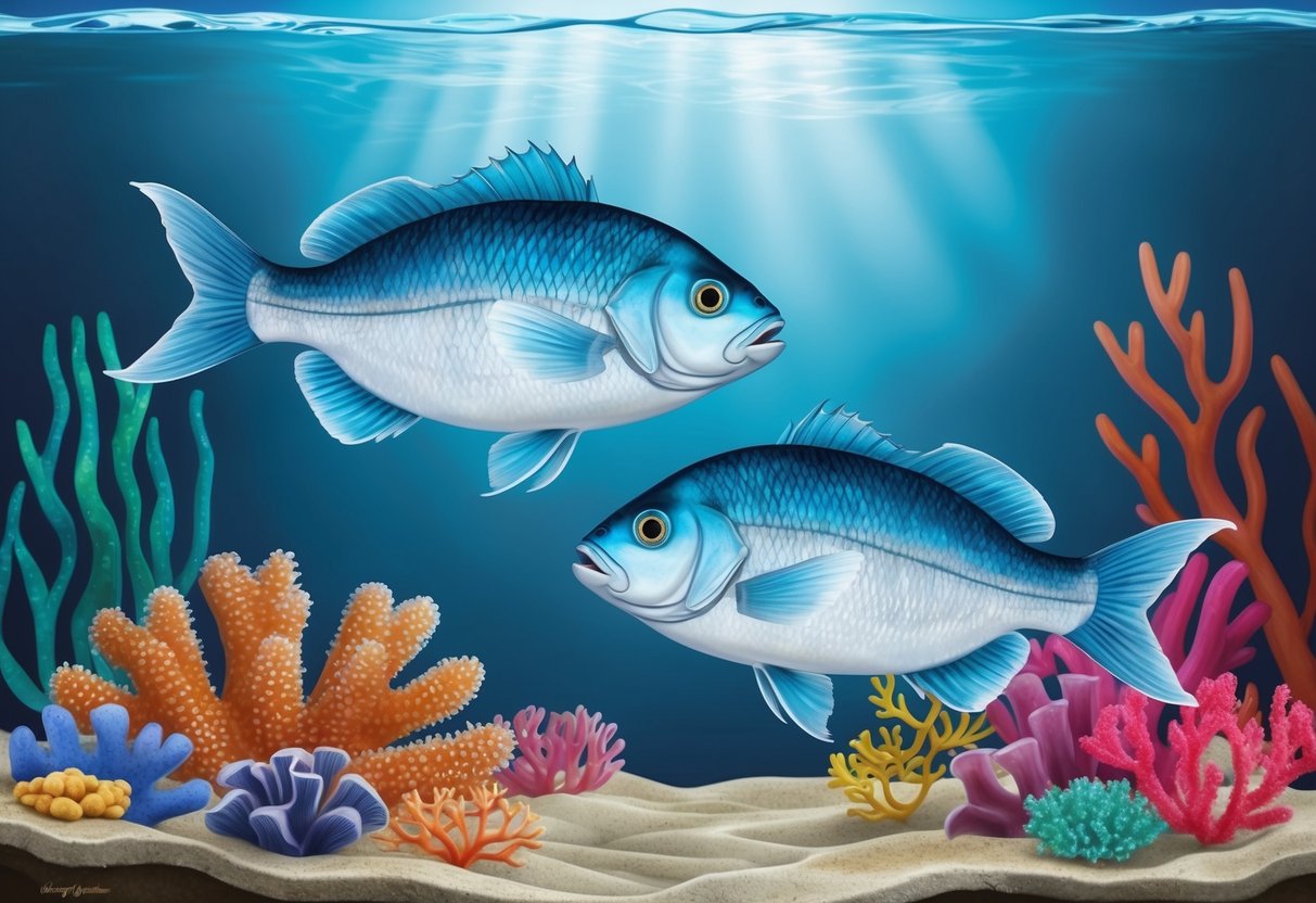 Two Pisces fish swimming together in a calm, clear aquarium, surrounded by colorful coral and sea plants