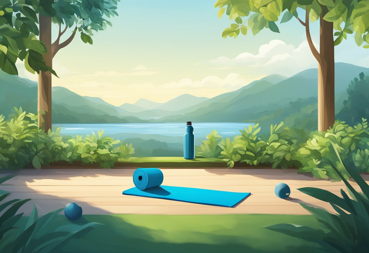 A serene outdoor setting with a yoga mat, dumbbells, and a water bottle, surrounded by lush greenery and a clear blue sky