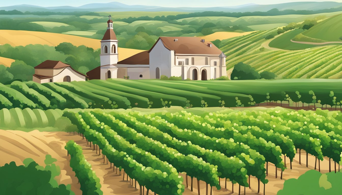 Vineyards in the Brazos Valley, with rolling hills and lush green grapevines, surrounded by local architecture and cultural landmarks