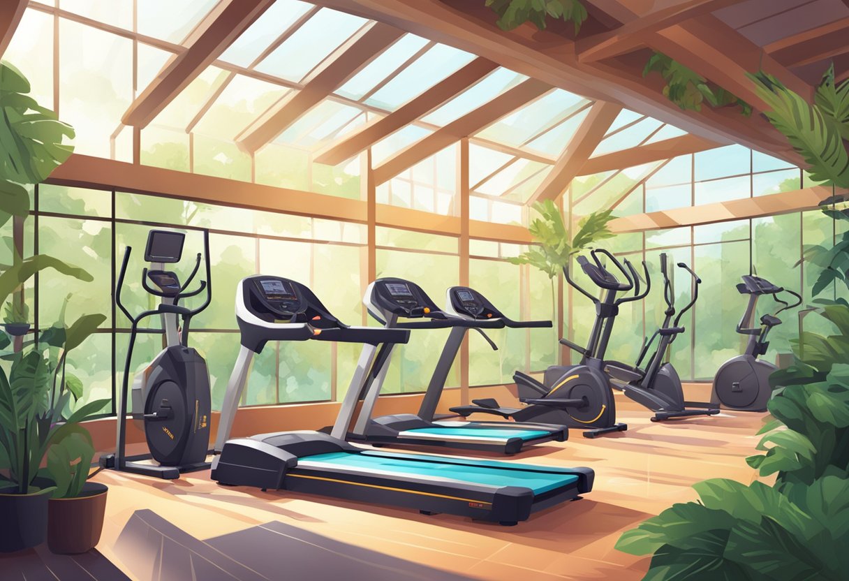 A vibrant gym with modern equipment and natural lighting, surrounded by lush greenery and people engaged in various fitness activities
