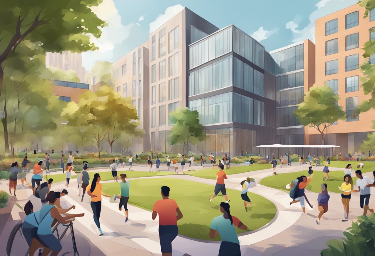 A bustling campus courtyard with students engaged in various physical activities, surrounded by modern buildings and greenery