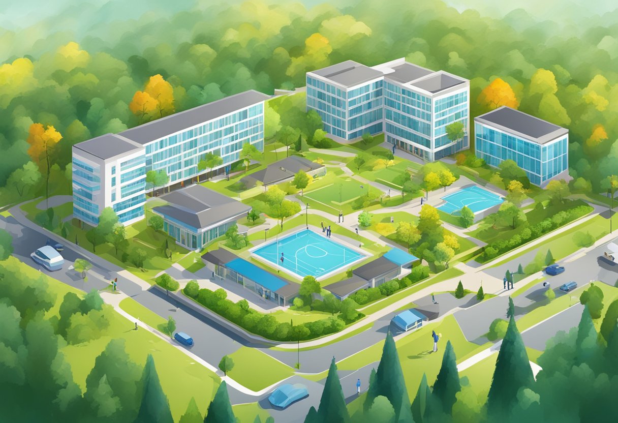 A vibrant campus with fitness facilities and academic buildings nestled among lush greenery