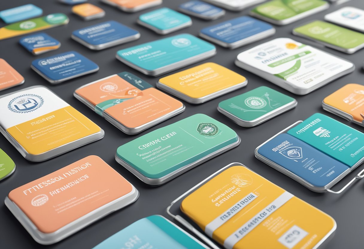 A collection of fitness and health science certification and licensure badges arranged on a clean, modern table