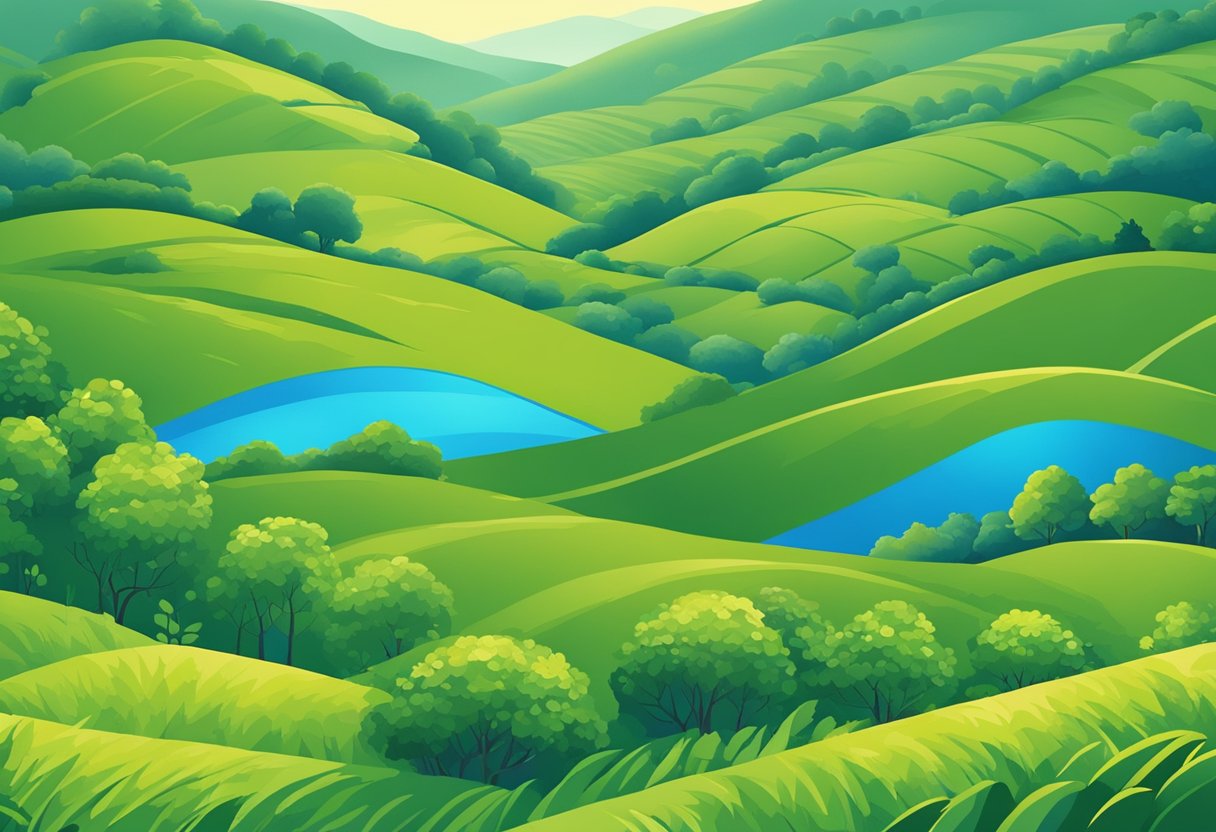 A vibrant landscape with rolling hills, lush greenery, and clear blue skies, featuring various fitness and wellness activities such as running trails, yoga classes, and outdoor exercise stations