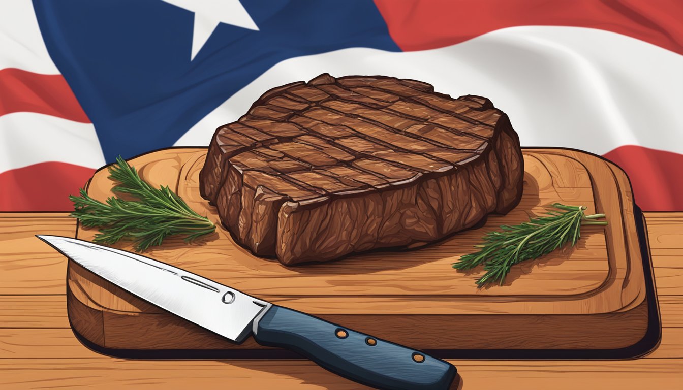 A sizzling steak on a wooden cutting board with a sharp knife beside it. A Texas flag hangs in the background