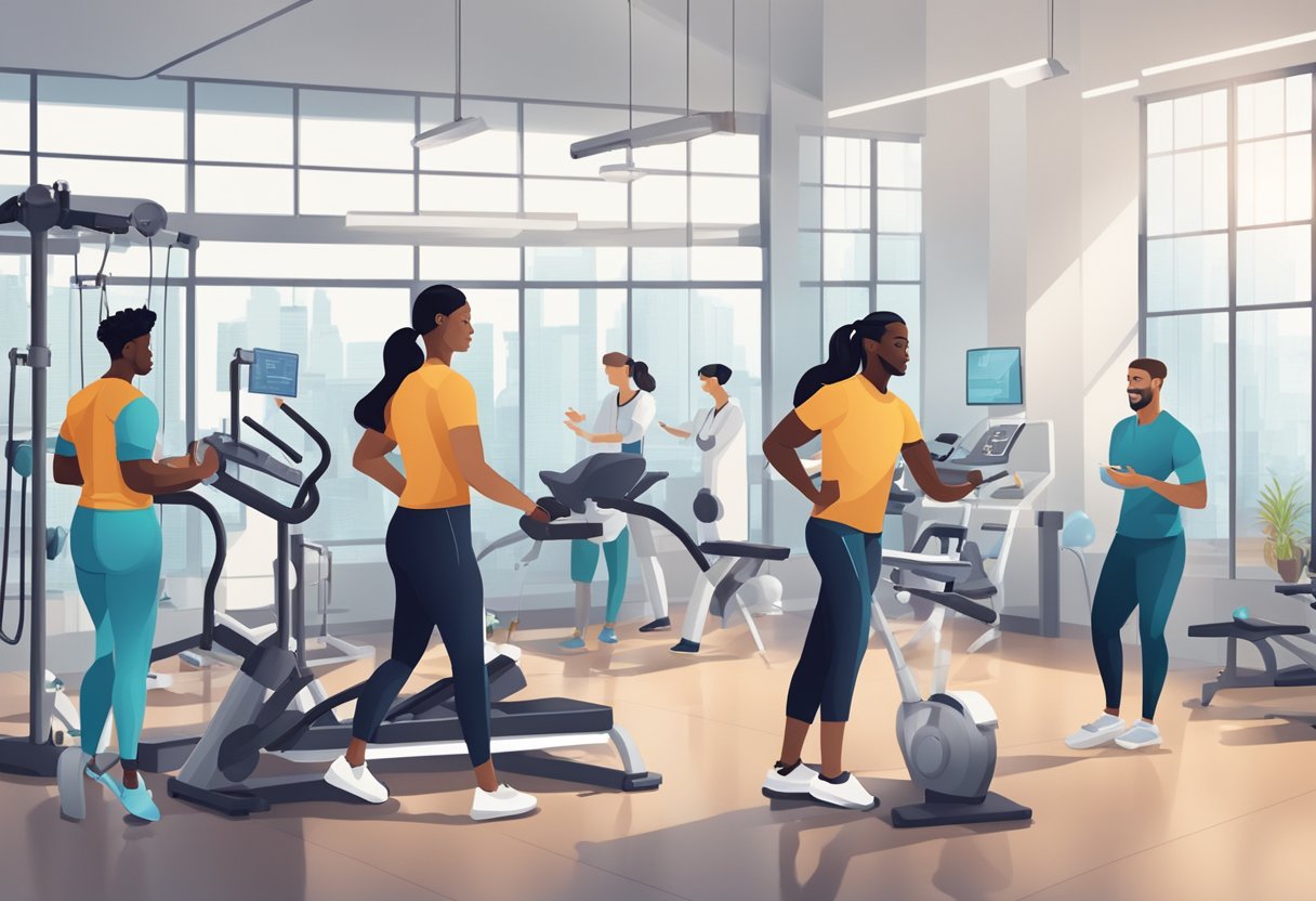 A group of diverse individuals working together in a modern health sciences lab, surrounded by fitness equipment and wellness resources
