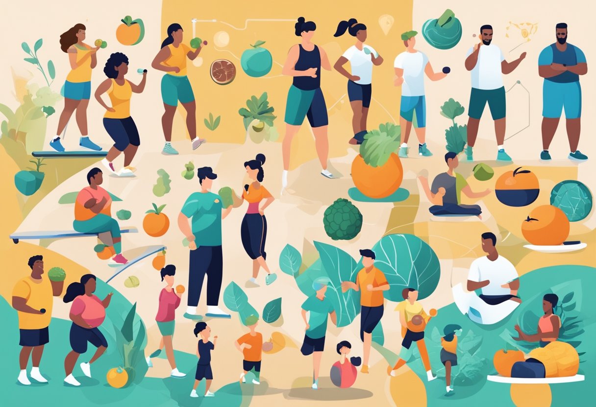 A diverse group of people engaging in various fitness activities, surrounded by images of healthy food and scientific diagrams