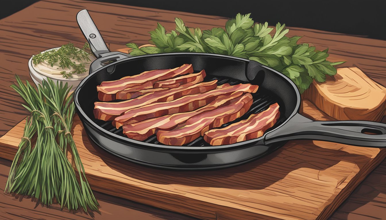 A sizzling skillet with thick-cut Berkshire Bacon from Southside Market, surrounded by a rustic butcher's knife and a bundle of fresh herbs