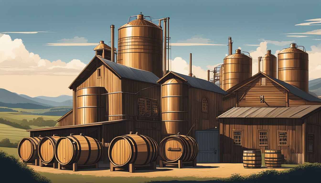 Six Texan whiskey distilleries in a rustic setting, with large copper stills, wooden barrels, and a backdrop of rolling hills and clear blue skies