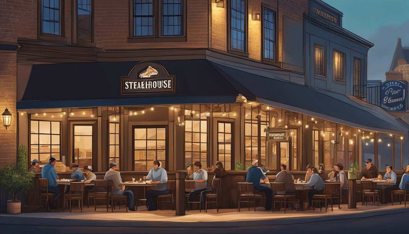 A bustling steakhouse in Fort Worth, Texas with a rustic and inviting ambiance, featuring a prominent sign and outdoor seating