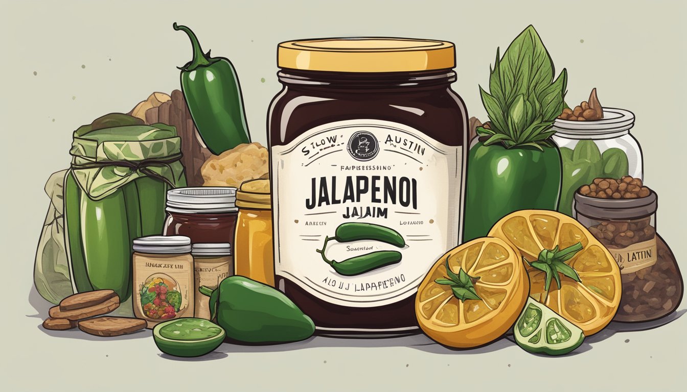 A jar of Austin Slow Burn Jalapeno Jam surrounded by local handcrafted delights, recommended as holiday gifts