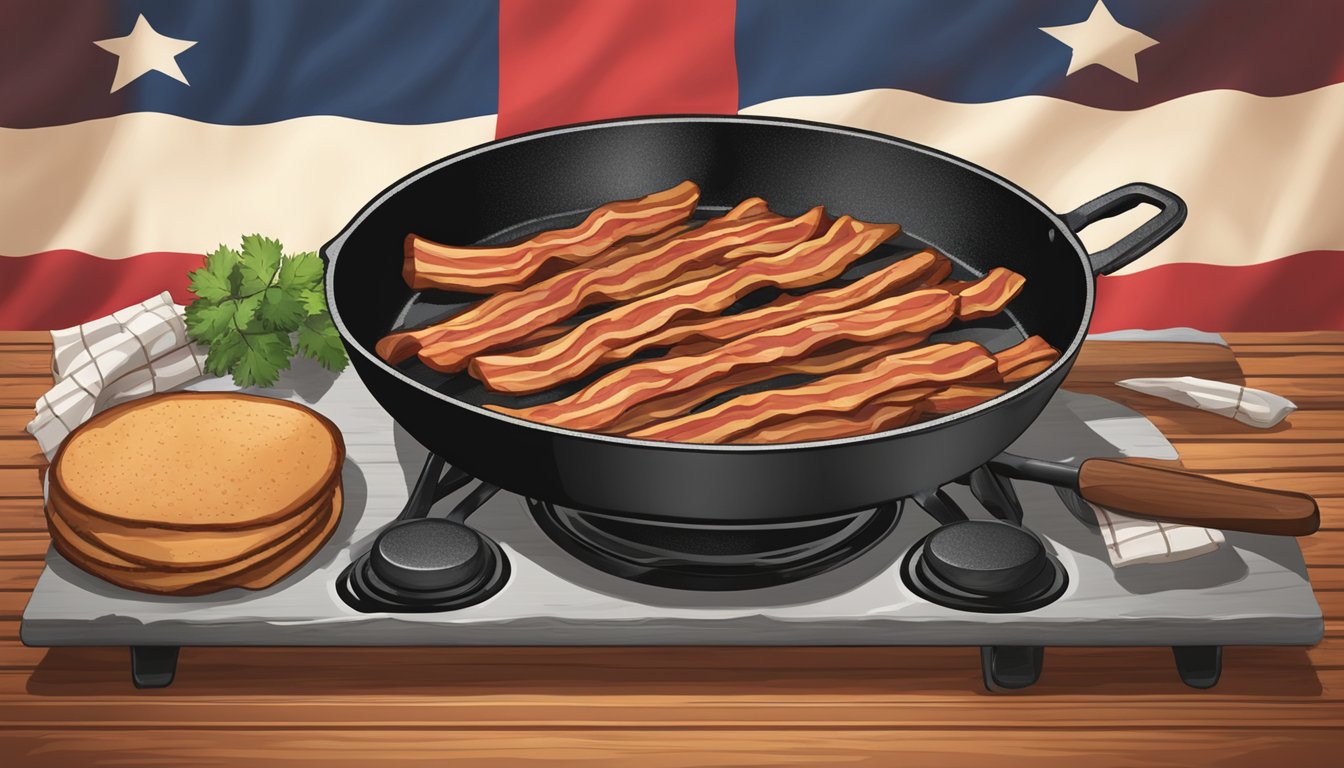 A sizzling skillet with strips of maple bacon, surrounded by a rustic butcher's block and a Texas flag