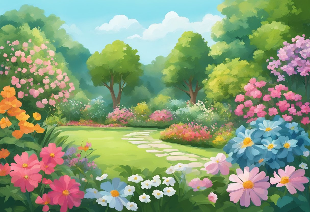 A vibrant garden with blooming flowers and lush greenery, surrounded by a clear blue sky and a gentle breeze