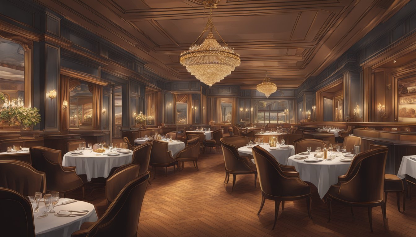 A grand, opulent steakhouse with a bustling dining room, elegant decor, and a display of prime cuts of meat