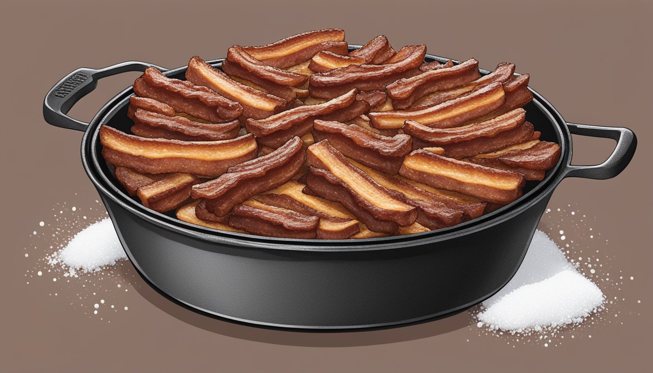 A sizzling skillet with thick, smoky bacon strips, surrounded by the rustic packaging of Snow's BBQ, ready to be shipped to eager customers