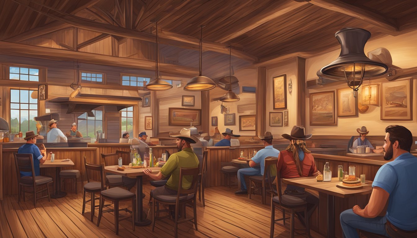 A rustic Texas steakhouse with a cowboy hat hanging on the wall, a sizzling steak on a hot grill, and a cozy dining area filled with hungry patrons