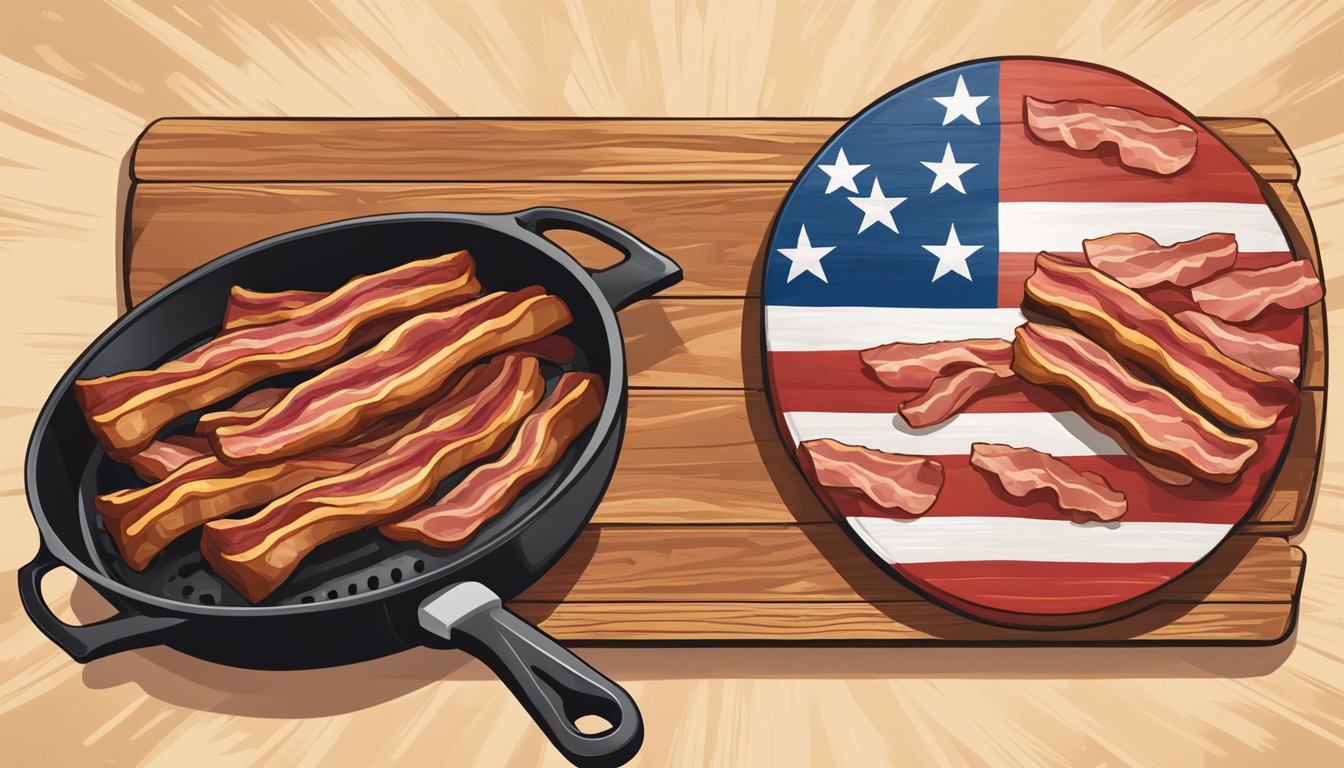 A sizzling skillet with thick-cut bacon strips, surrounded by a rustic butcher's block and a Texas flag