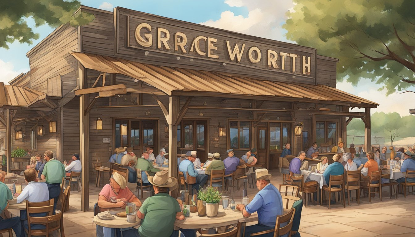 A rustic steakhouse in Texas with a large sign reading "Grace, Fort Worth" and a bustling outdoor patio filled with diners enjoying their meals