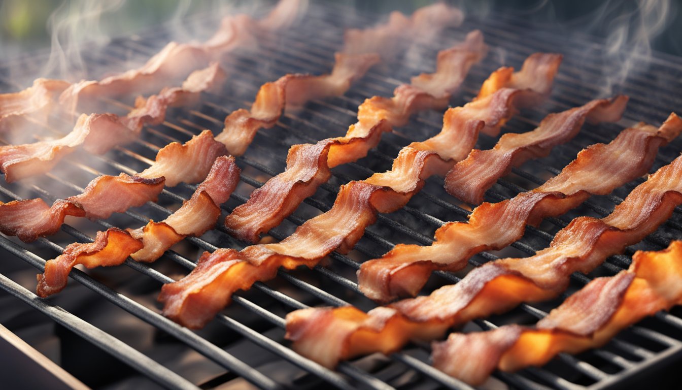 A plume of mesquite smoke rises from sizzling strips of bacon on a sizzling hot grill