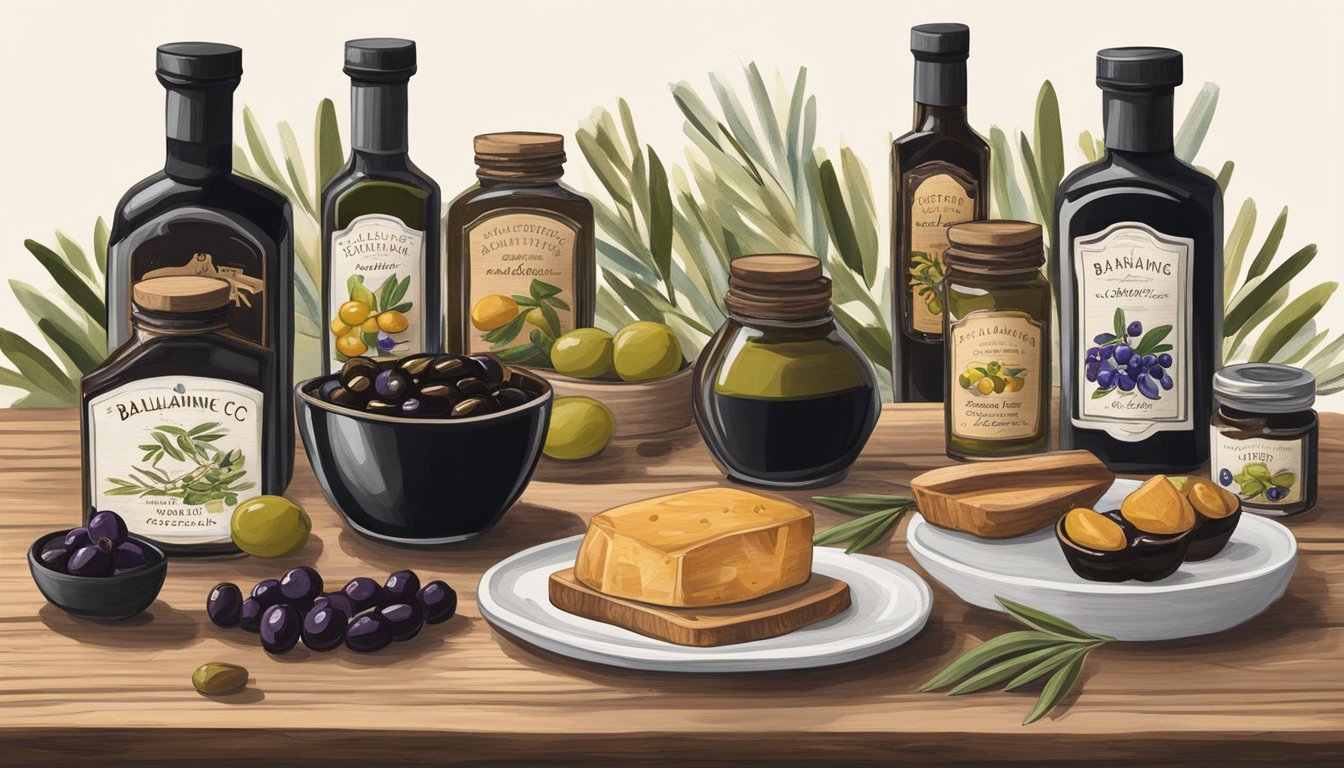 A rustic wooden table adorned with local handcrafted balsamic vinegar, surrounded by Texas Hill Country Olive Co. delights, perfect for holiday gifting