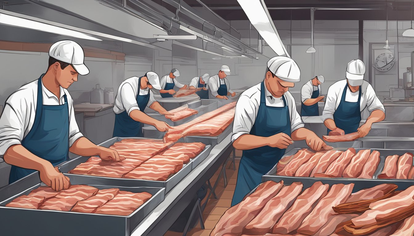 A group of Texan butchers carefully packaging fresh bacon for shipping