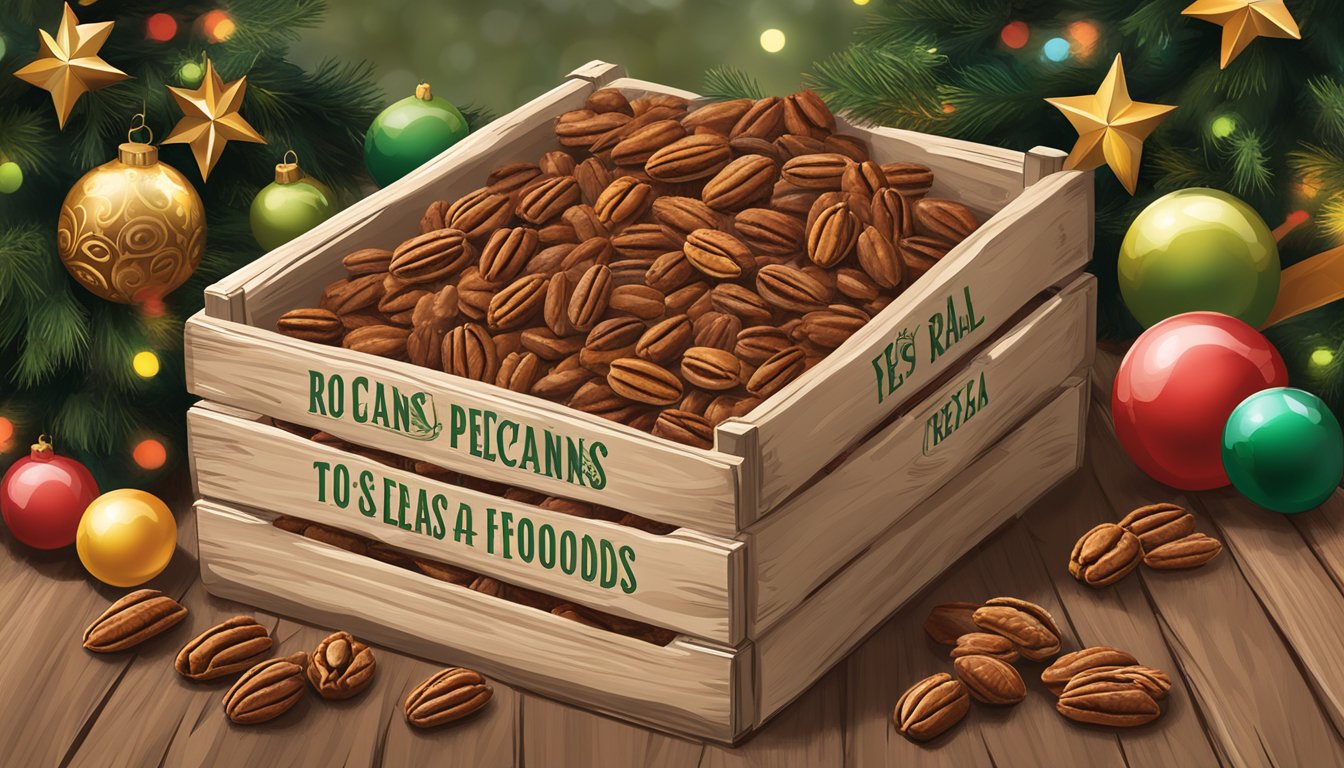 A rustic wooden crate filled with Rio Grande Organics Toasted Pecans, surrounded by festive holiday decorations and a "Texas Real Foods" logo