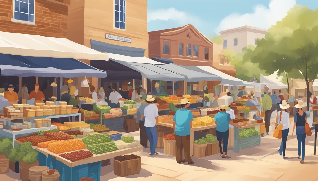 A bustling Texas market filled with colorful displays of locally made jams, honey, and artisanal cheeses. Shoppers sample and chat with vendors under a sunny sky