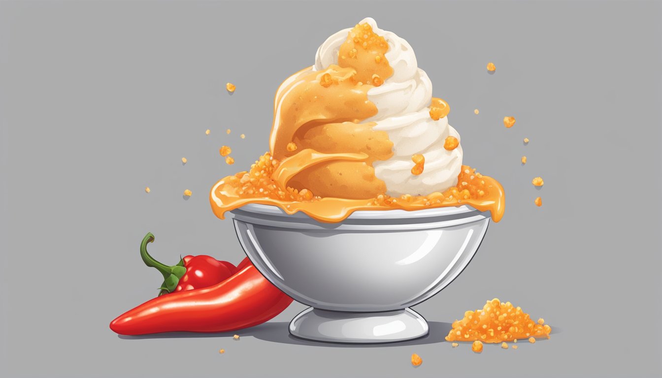 A scoop of habanero honey ice cream melting on a cone, with red pepper flakes sprinkled on top