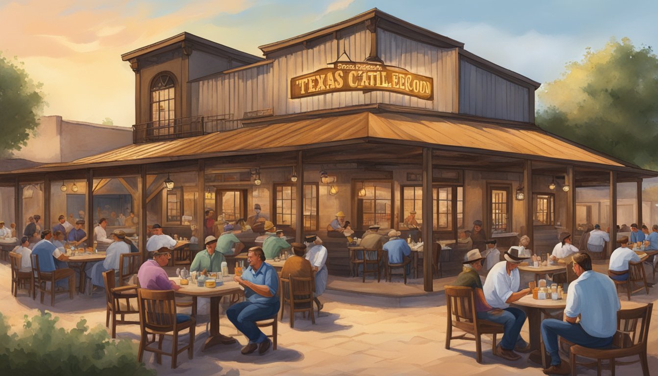 A rustic Texas steakhouse with a large sign reading "Texas Cattle Company, Laredo" and a bustling outdoor patio filled with diners enjoying their meals