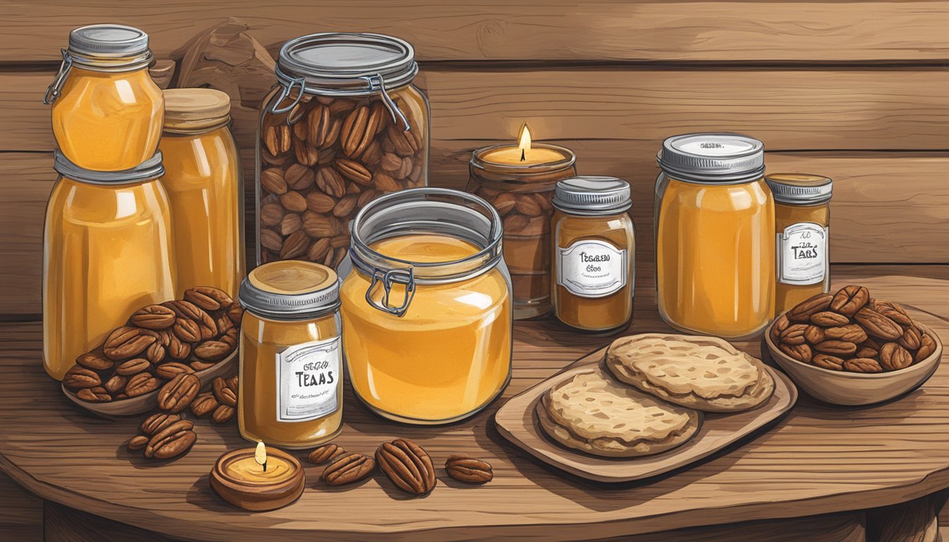 A festive display of locally made Texas treats, including jars of honey, bags of pecans, and handmade candles, arranged on a rustic wooden table