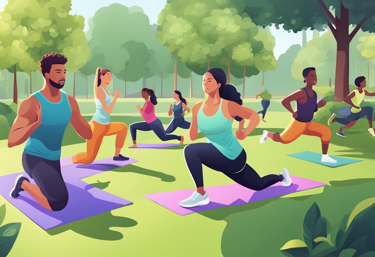 A group of friends exercising together in a park, doing yoga, jogging, and playing sports