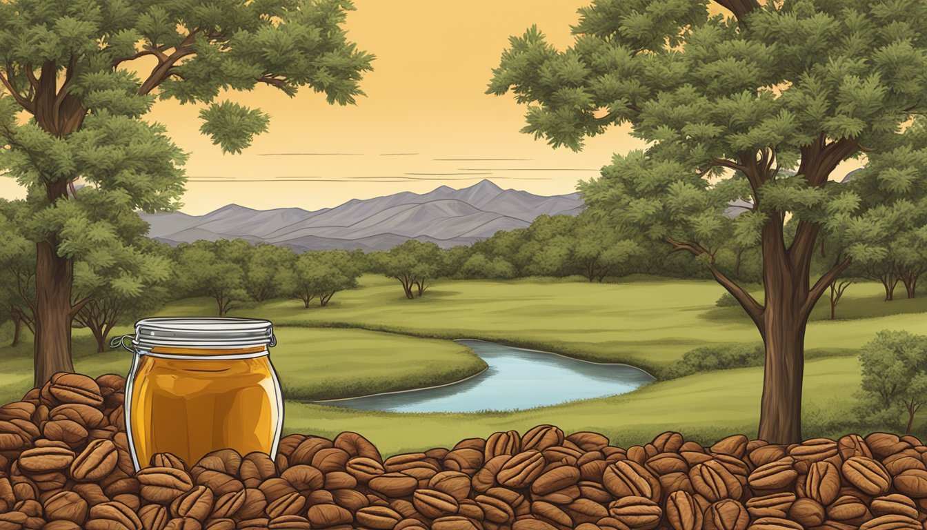 A Texan landscape with pecan trees, a jar of spicy maple syrup, and a pile of candied pecans