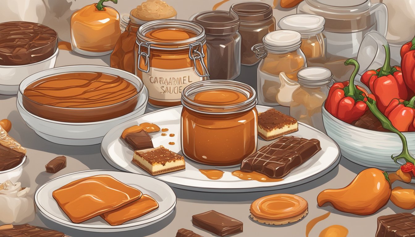 A jar of caramel sauce with ghost peppers, surrounded by sweet desserts and spicy ingredients