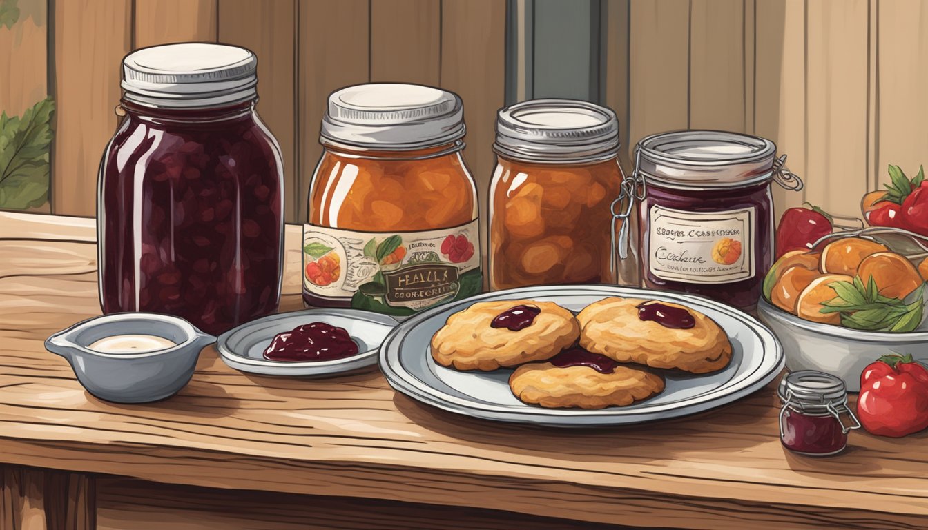 A rustic kitchen table with a plate of pepper jelly thumbprint cookies surrounded by jars of homemade jam and a Texan sweet heat cookbook