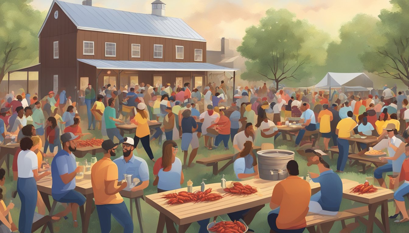 A bustling outdoor crawfish boil at The Boil House in Dallas, Texas, with steaming pots, picnic tables, and a lively crowd enjoying the spring festivities