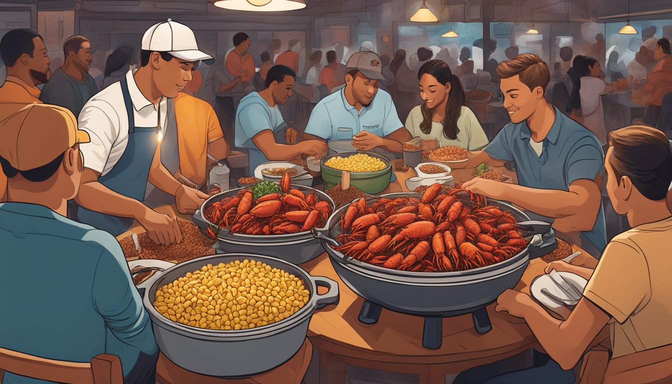 A table spread with steaming pots of crawfish, corn, and potatoes, surrounded by eager diners at Smashin Crab in San Antonio